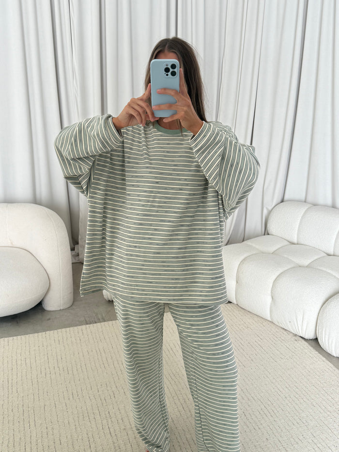 Naomi Striped Fleece Oversized Long Sleeve Top in Sage