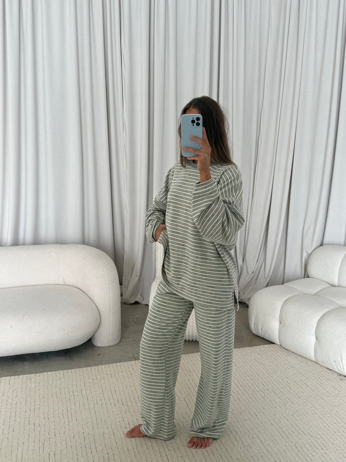 Naomi Striped Fleece Oversized Long Sleeve Top in Sage