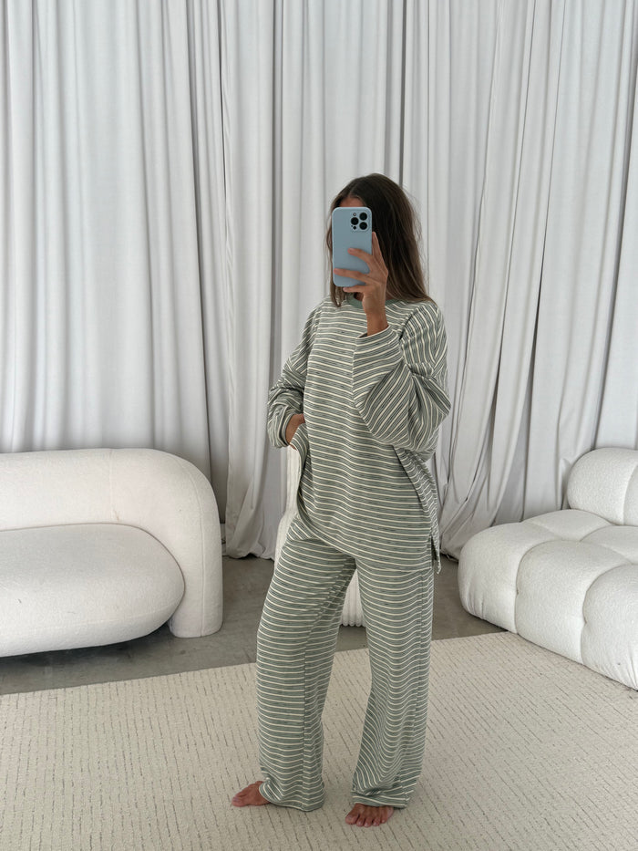 Naomi Striped Fleece Oversized Long Sleeve Top in Sage