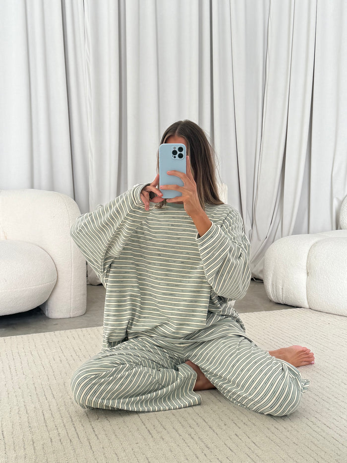 Naomi Striped Fleece Oversized Long Sleeve Top in Sage