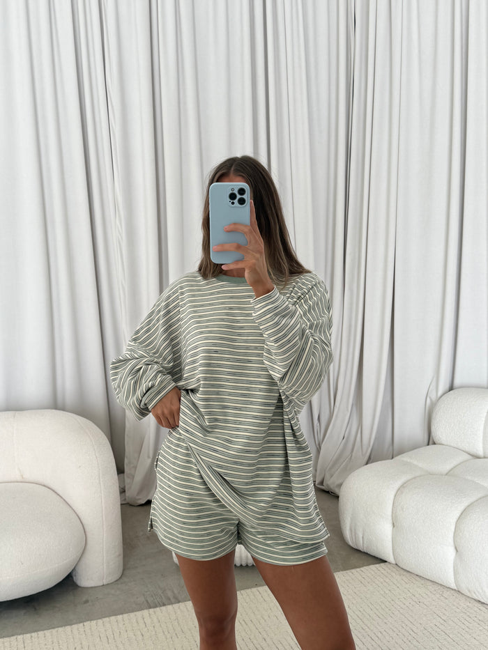 Naomi Striped Fleece Oversized Long Sleeve Top in Sage