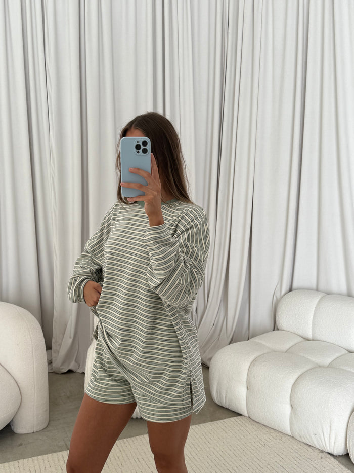 Naomi Striped Fleece Oversized Long Sleeve Top in Sage