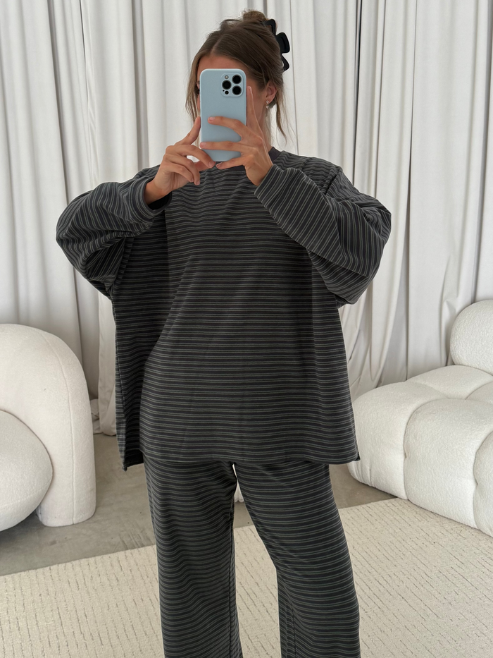 Naomi Double Stripe Fleece Oversized Long Sleeve Top in Navy/Green - Bump Friendly