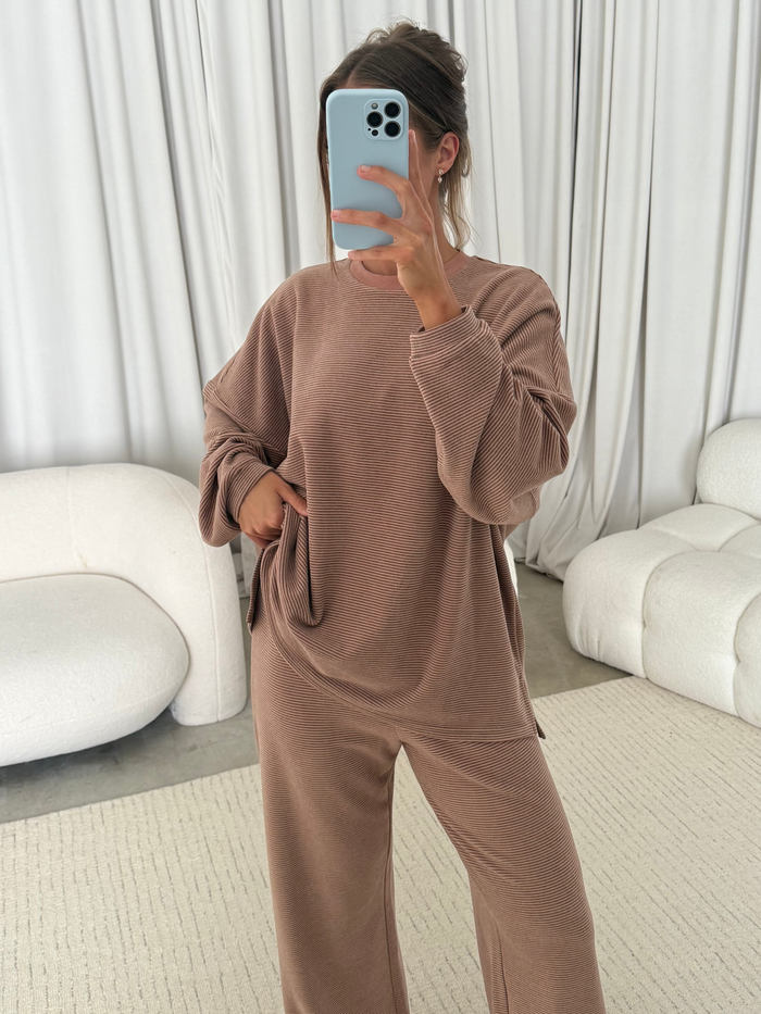 Naomi Thin Stripe Fleece Oversized Long Sleeve Top in Dusty Mauve Stripe - Bump Friendly