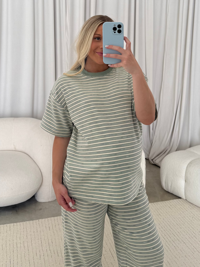 Naomi Striped Fleece Oversized Short Sleeve Top in Sage - Bump Friendly