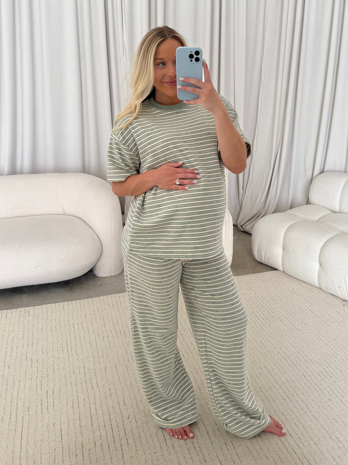 Campbell Striped Fleece Lounge Pants in Sage