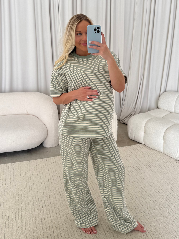 Naomi Striped Fleece Oversized Short Sleeve Top in Sage - Bump Friendly