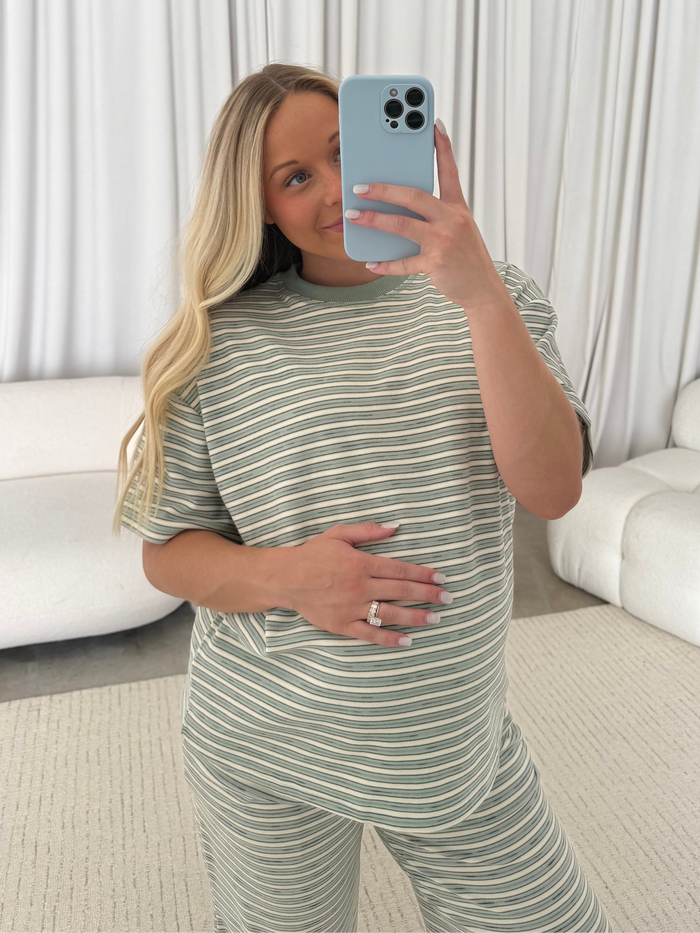 Naomi Striped Fleece Oversized Short Sleeve Top in Sage - Bump Friendly