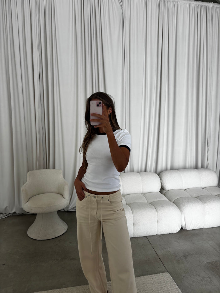 Andrea Contrast Trim Crewneck Tee in White/Navy