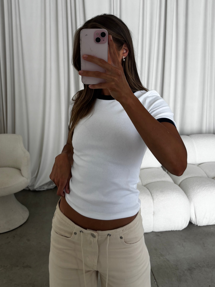 Andrea Contrast Trim Crewneck Tee in White/Navy