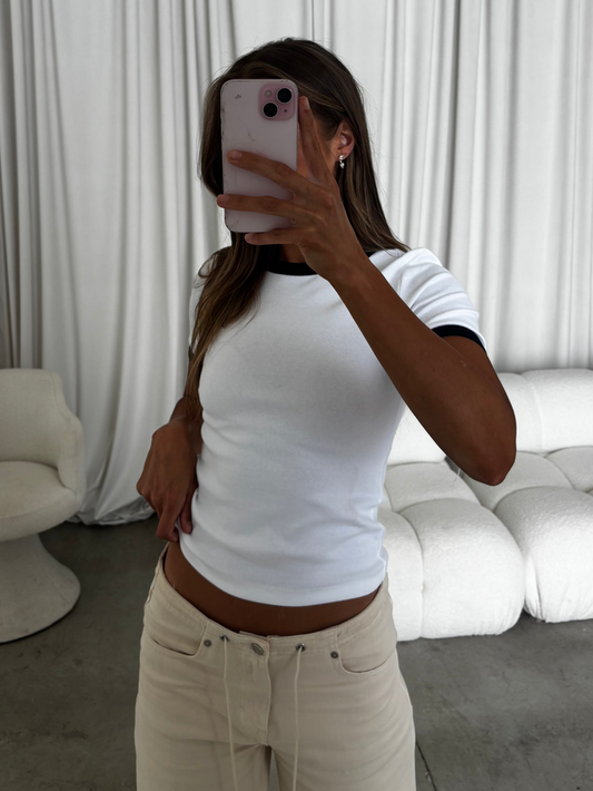 Andrea Contrast Trim Crewneck Tee in White/Navy