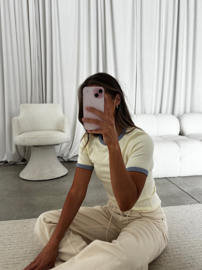Andrea Contrast Trim Crewneck Tee in Cream/Blue