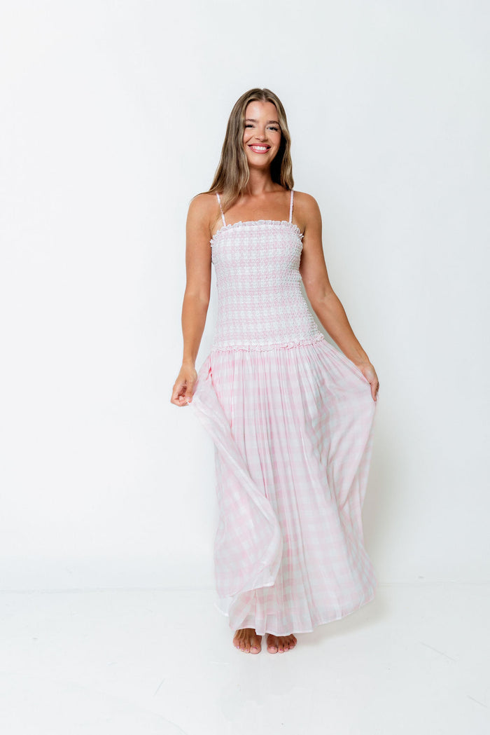 Abbie Drop Waist Smocked Gingham Maxi Dress in Baby Pink *Final Sale*
