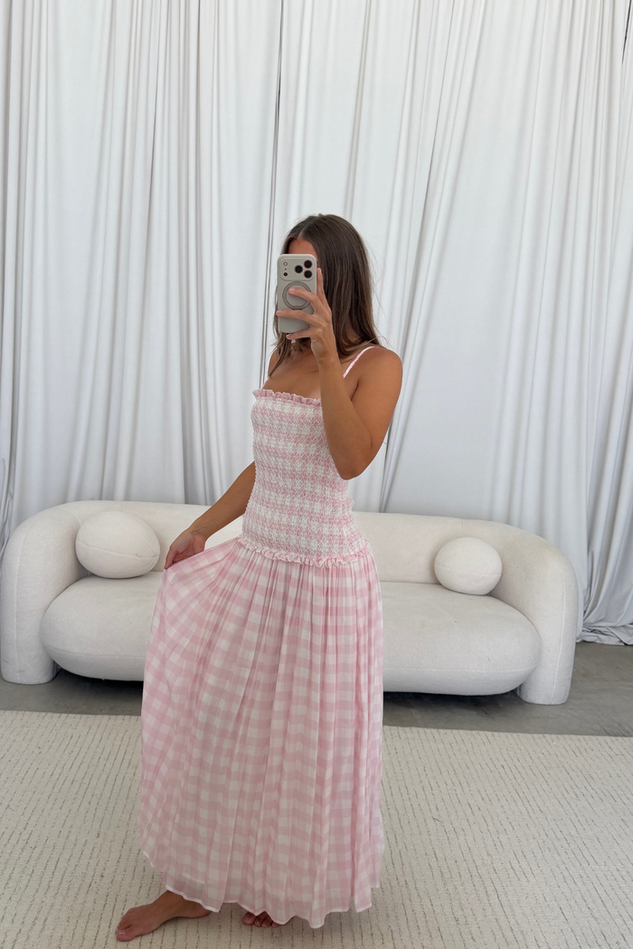 Abbie Drop Waist Smocked Gingham Maxi Dress in Baby Pink *Final Sale*