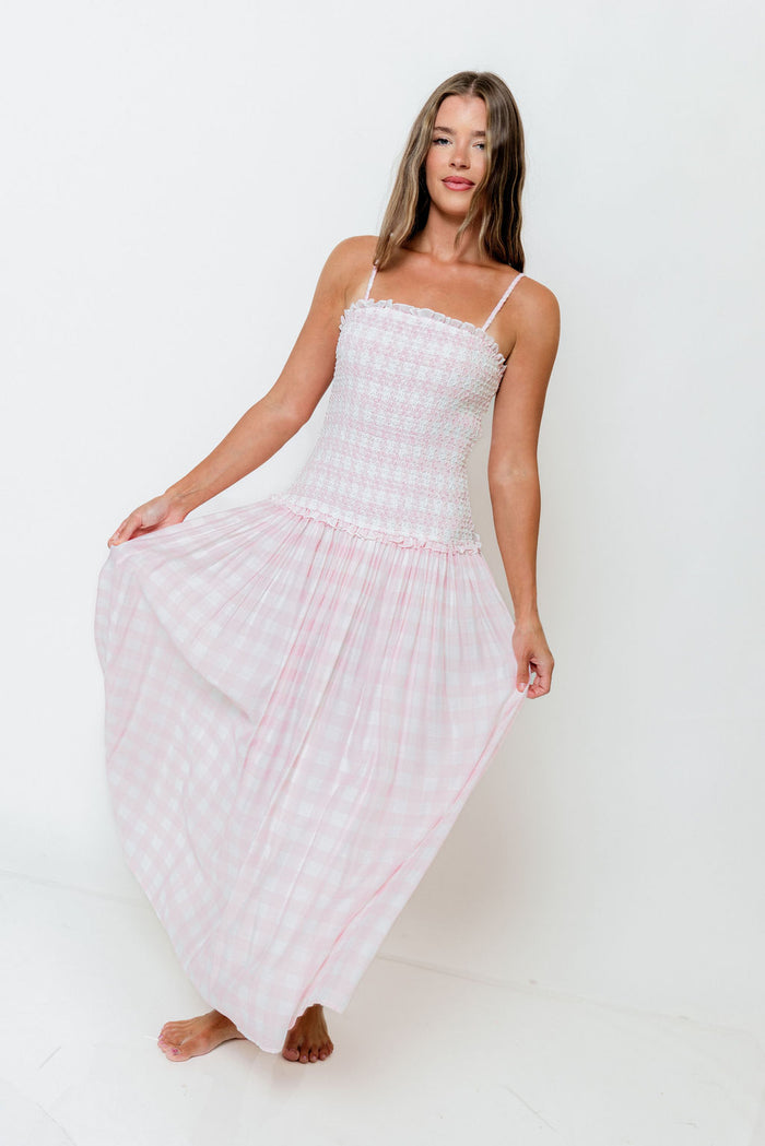 Abbie Drop Waist Smocked Gingham Maxi Dress in Baby Pink *Final Sale*