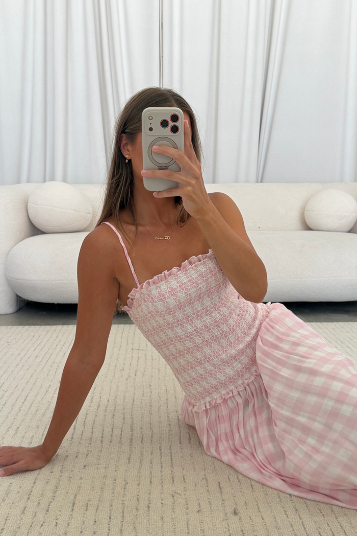 Abbie Drop Waist Smocked Gingham Maxi Dress in Baby Pink *Final Sale*