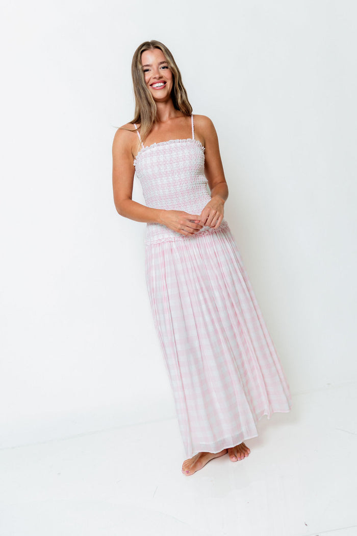 Abbie Drop Waist Smocked Gingham Maxi Dress in Baby Pink *Final Sale*