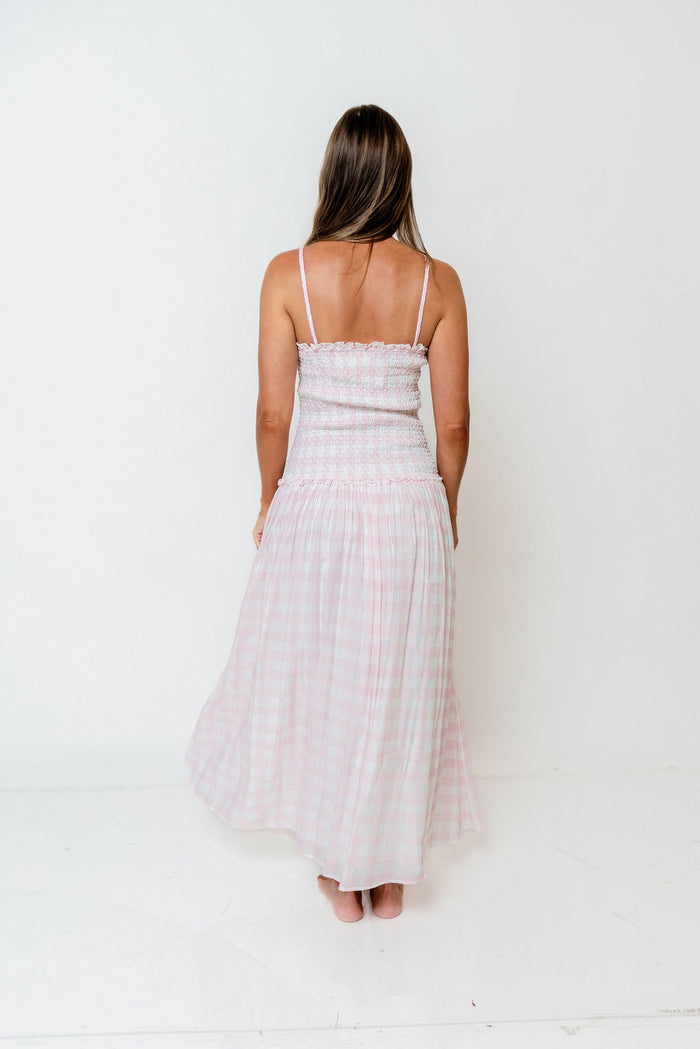 Abbie Drop Waist Smocked Gingham Maxi Dress in Baby Pink *Final Sale*