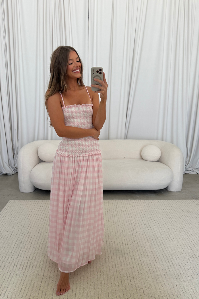 Abbie Drop Waist Smocked Gingham Maxi Dress in Baby Pink *Final Sale*