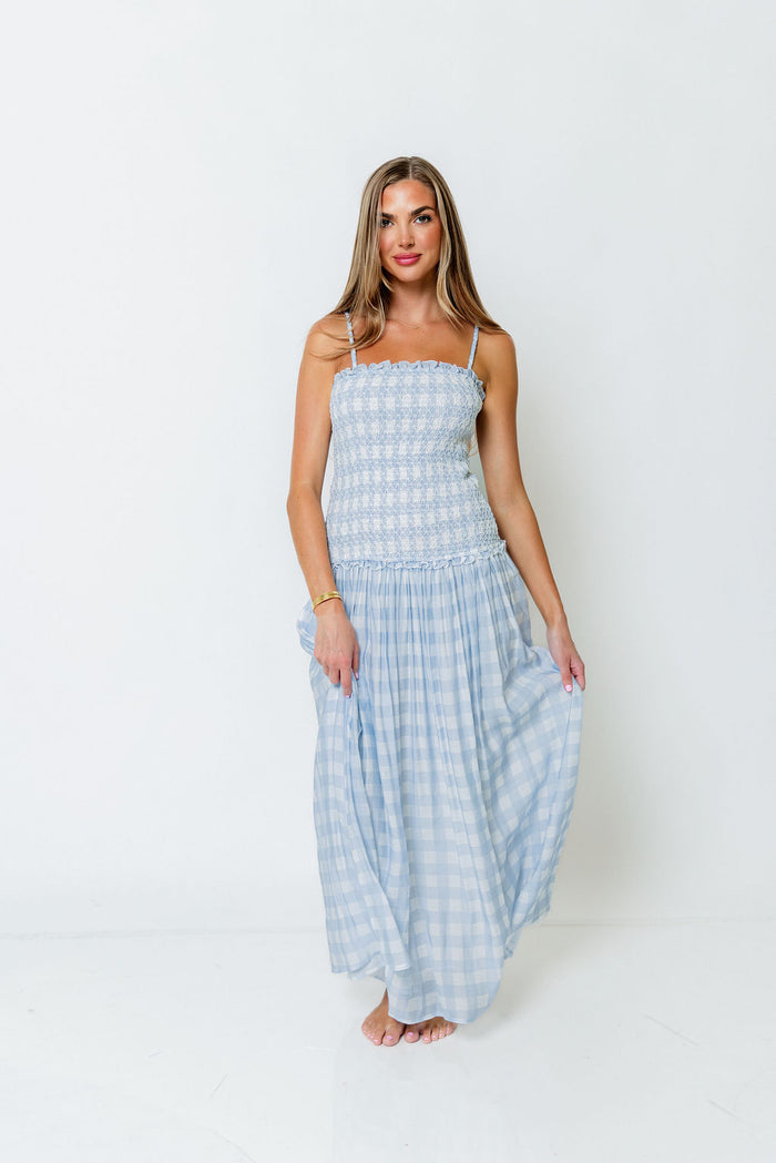 Abbie Drop Waist Smocked Gingham Maxi Dress in Blue *Final Sale*