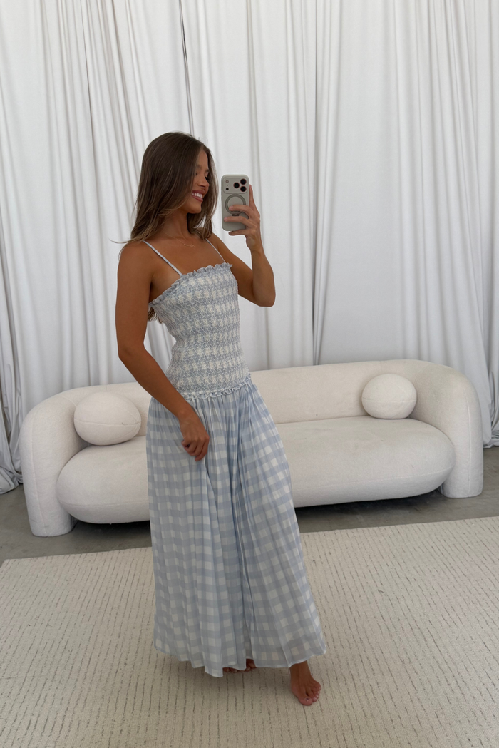 Abbie Drop Waist Smocked Gingham Maxi Dress in Blue *Final Sale*