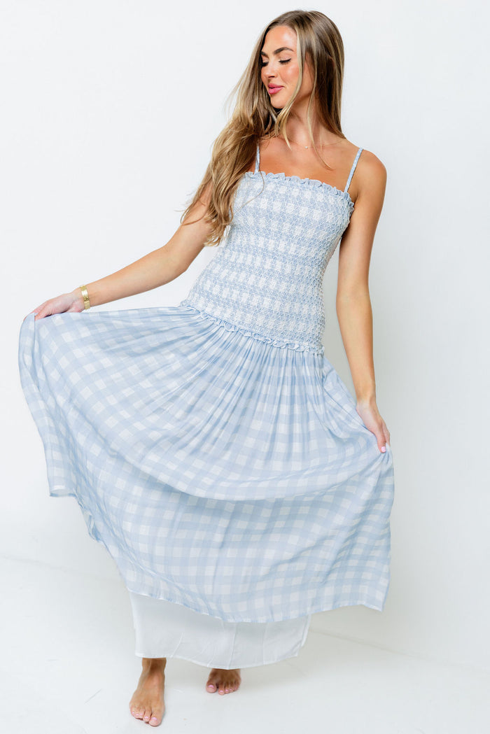 Abbie Drop Waist Smocked Gingham Maxi Dress in Blue *Final Sale*