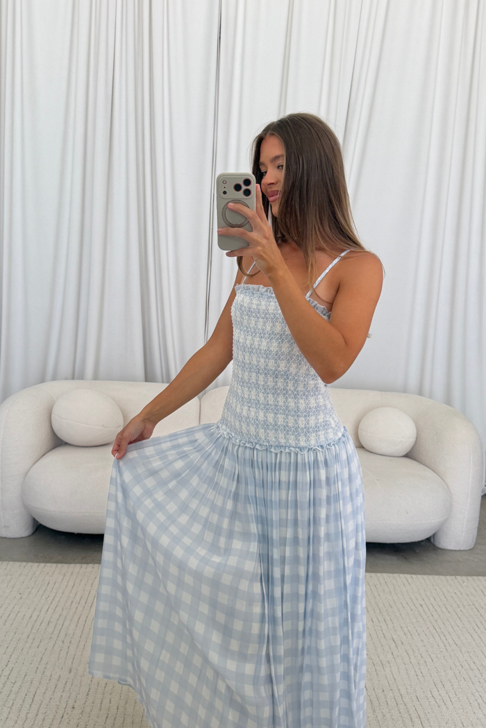 Abbie Drop Waist Smocked Gingham Maxi Dress in Blue *Final Sale*