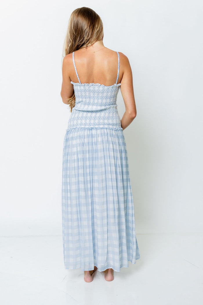 Abbie Drop Waist Smocked Gingham Maxi Dress in Blue *Final Sale*