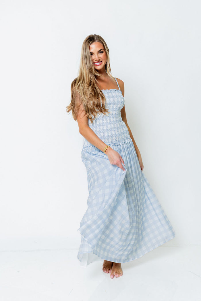 Abbie Drop Waist Smocked Gingham Maxi Dress in Blue *Final Sale*