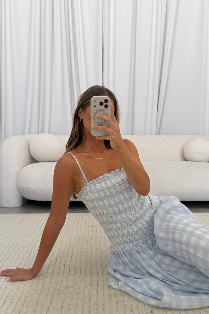 Abbie Drop Waist Smocked Gingham Maxi Dress in Blue *Final Sale*