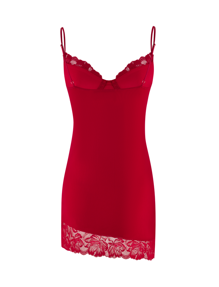 The AISLING DRESS - RED by TIGERMIST features thin shoulder straps, sheer lace at the neckline, and a floral lace hem for an alluring bodycon fit.