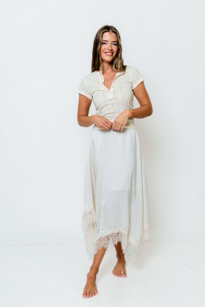 Alcina Satin Lace Trim Midi Skirt in Champagne