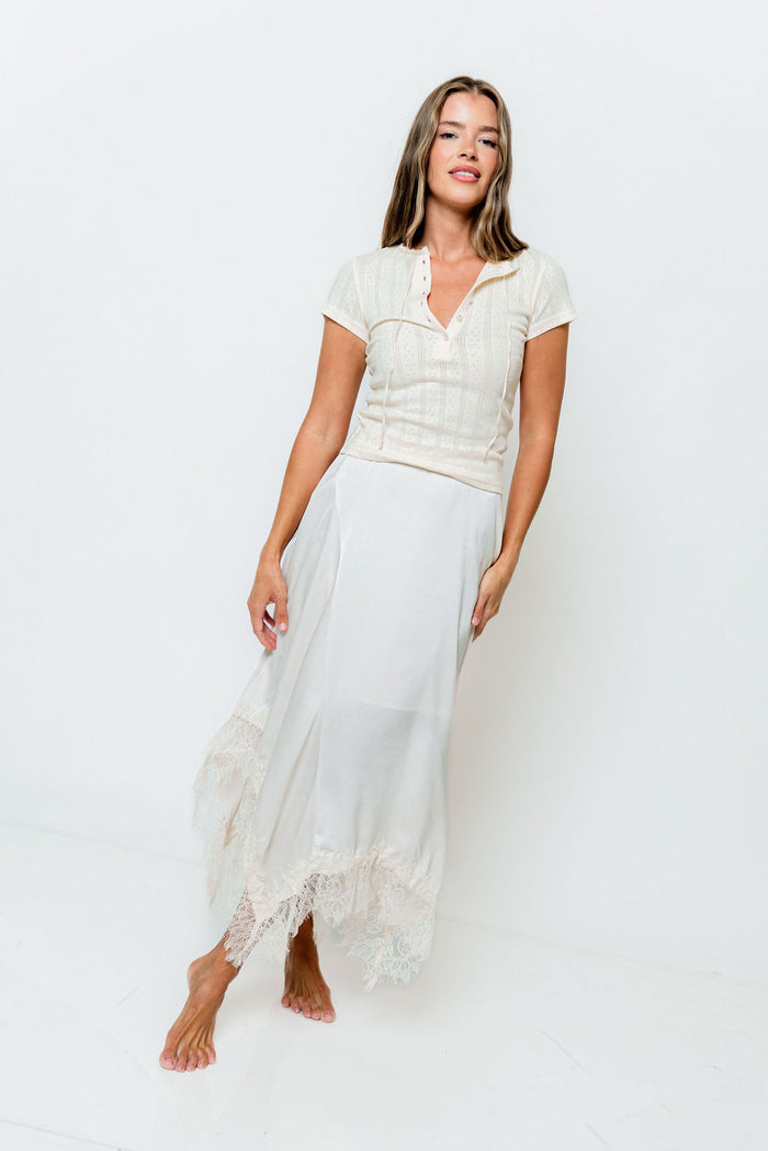 Alcina Satin Lace Trim Midi Skirt in Champagne