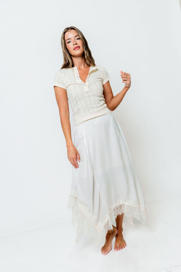 Alcina Satin Lace Trim Midi Skirt in Champagne