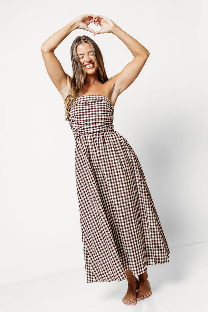 Alexis Gingham Tube Maxi Dress in Brown
