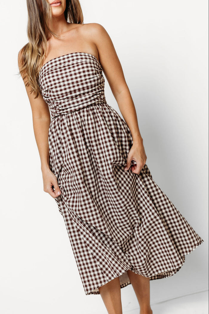 Alexis Gingham Tube Maxi Dress in Brown