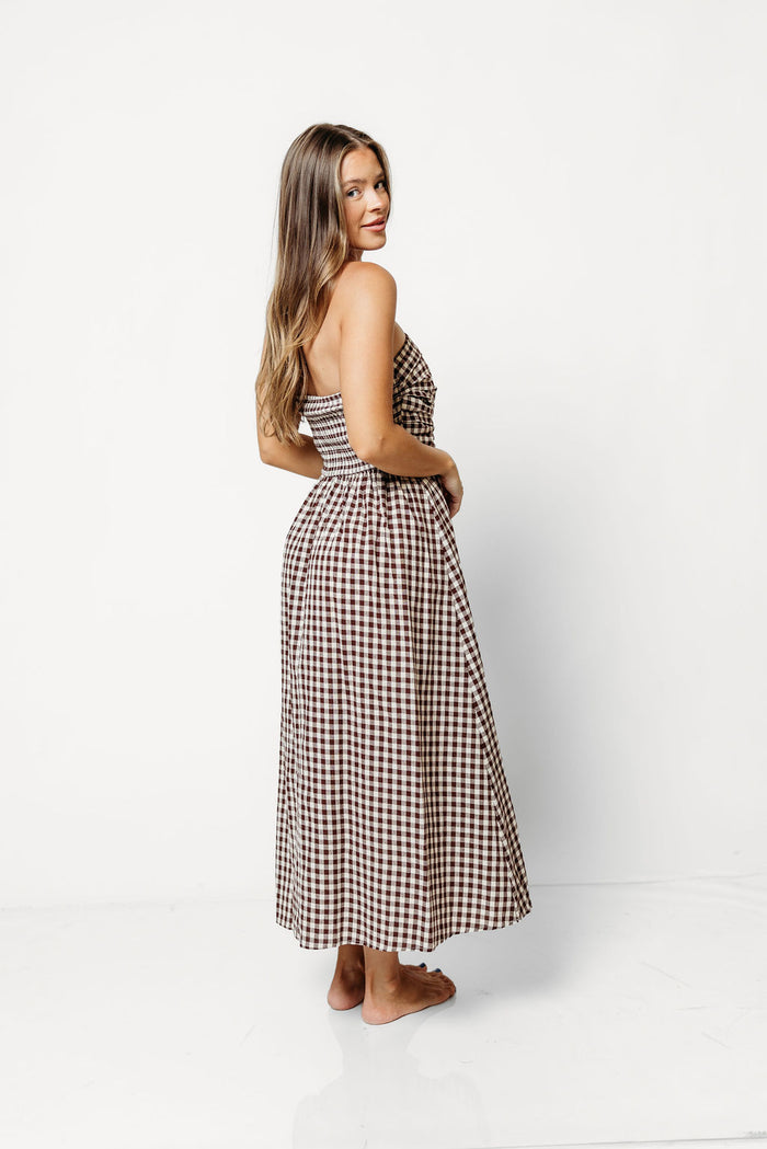Alexis Gingham Tube Maxi Dress in Brown