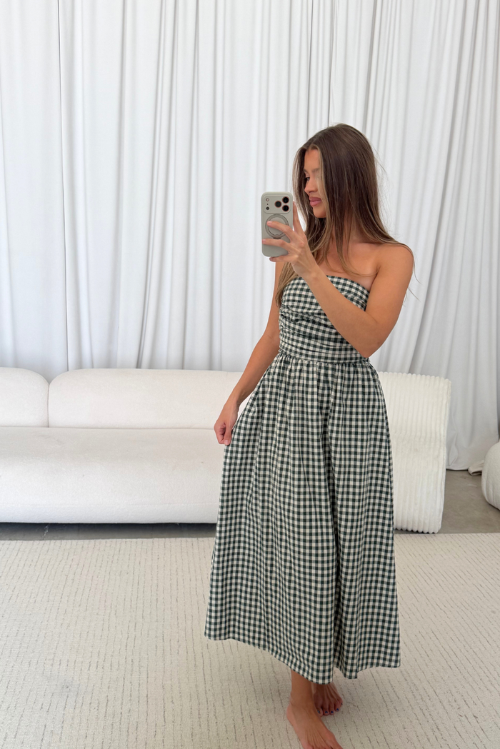 Alexis Gingham Tube Maxi Dress in Hunter Green