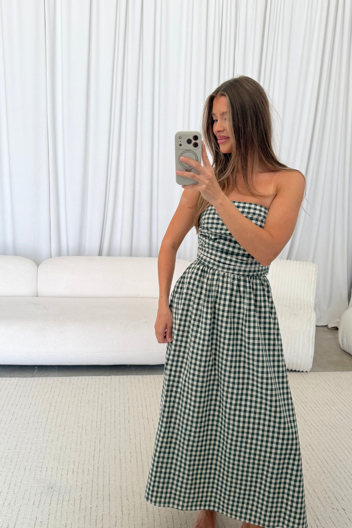 Alexis Gingham Tube Maxi Dress in Hunter Green