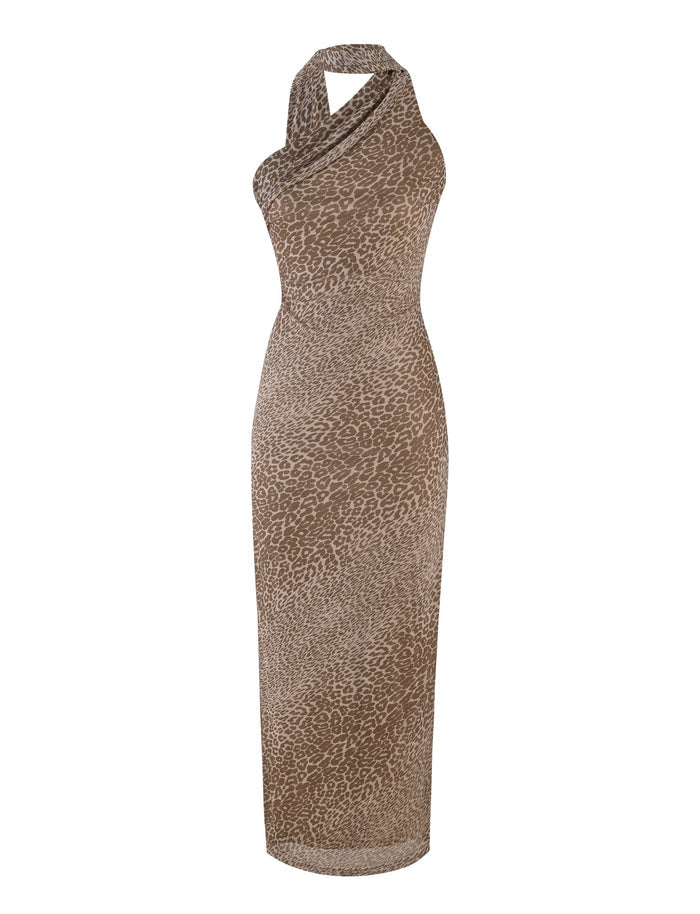 The TIGERMIST Allira Maxi Dress - Neutral: Leopard showcases a sleeveless, halter-neck style with an asymmetrical neckline. Made from stretch fabric in a brown leopard print pattern, this midi-length dress provides a flattering fitted silhouette that stands out against a plain white background.