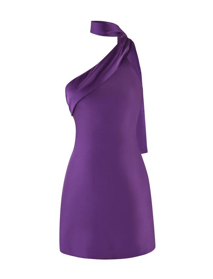 The ALLIRA MINI DRESS 2.0 - PURPLE : LAVENDER by TIGERMIST is a sleeveless, fitted dress in luxe satin with an asymmetric shoulder strap that ties at the neck, offering a smooth finish and modern silhouette in lavender.