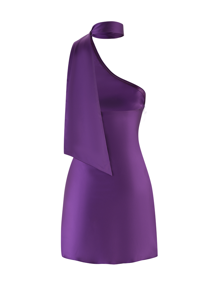 The TIGERMIST ALLIRA MINI DRESS 2.0 - PURPLE : LAVENDER features a satin fabric, sleeveless cut, asymmetrical neckline, and a wide matching sash draped from one shoulder for an elegant look.