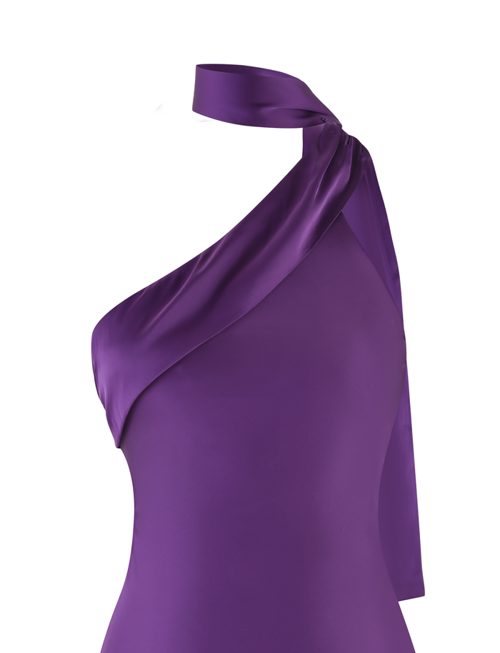 A close-up of the TIGERMIST ALLIRA MINI DRESS 2.0 - PURPLE: LAVENDER, a sleeveless satin dress with a shiny one-shoulder sash and matching neck tie, shown on a white background.