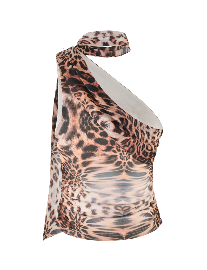 The TIGERMIST ALLIRA TOP - NEUTRAL : LEOPARD HAZE is a sleeveless, asymmetrical one shoulder tank with a draped design and bodycon fit in a bold leopard haze colourway.