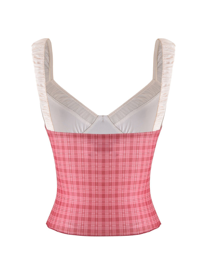 The AMARAN TOP - RED by TIGERMIST is a chic bustier with a red check pattern at the front and cream fabric on the back and shoulder straps, shown on a white background.
