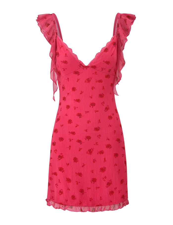 The AMARIS MINI DRESS - DITSY FLORAL by TIGERMIST is a sleeveless pink mini dress with a V-neck, ruffled shoulder straps, an allover floral print, and a ruffled hemline with lace trim for added femininity.