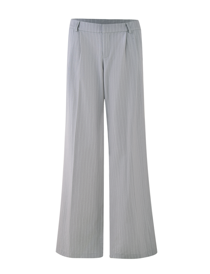 The TIGERMIST AMBERLY SUIT PANT in grey pinstripe features subtle detailing, classic belt loops, and a wide-leg tailored fit, shown against a plain background.