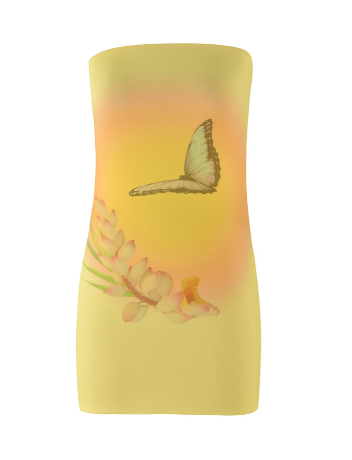 The AMBROSE DRESS - YELLOW : BUTTER by TIGERMIST showcases a stunning yellow ombre design with a gradient effect, adorned with butterfly and flower motifs. The front view of the bodycon silhouette highlights a butterfly near the top and flowers on the lower left side. This dress features a smooth, sleek texture crafted from stretchy jersey fabric.