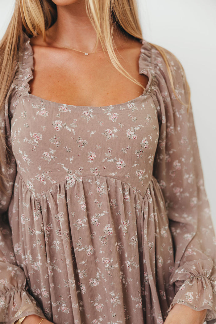 Amy Floral Long Sleeve Maxi Dress in Mocha Multi - Bump Friendly