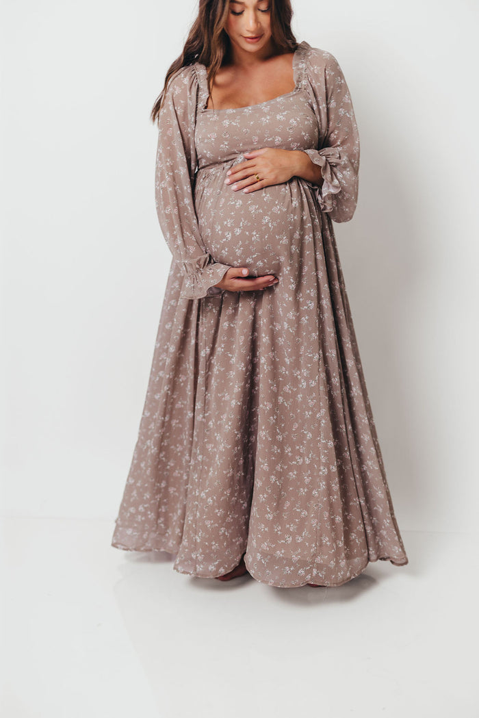 Amy Floral Long Sleeve Maxi Dress in Mocha Multi - Bump Friendly